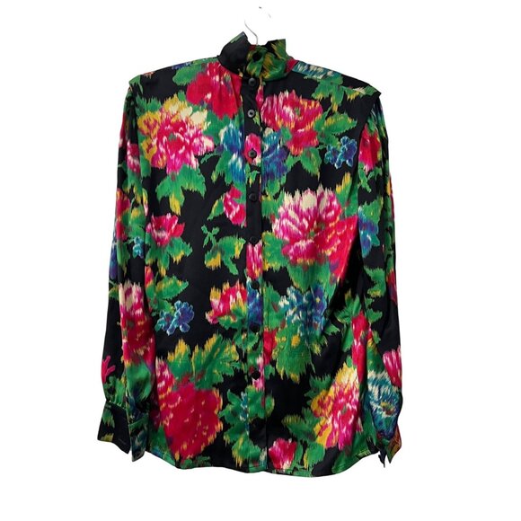 VTG Escada Maragaretha Ley Multicolor Floral Silk Bow Button Back Blouse 38 US 8 - Picture 6 of 7